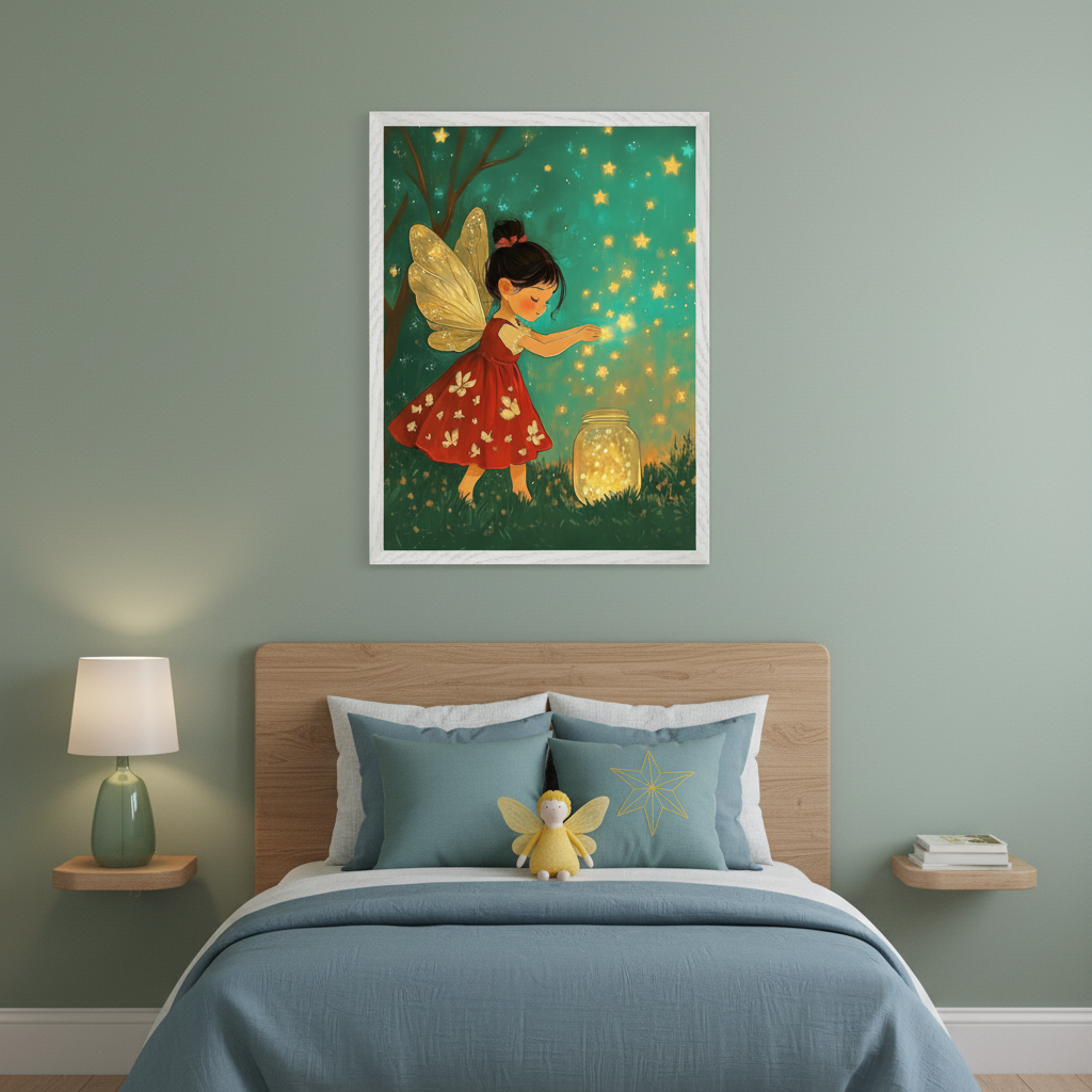 Kid's bedroom with a wooden headboard bed and blue bedding. A large framed painting of a fairy in a red dress collecting glowing stars into a jar in a forest hangs centered above the bed.