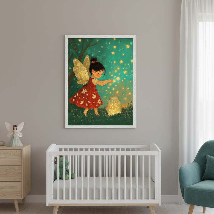 Modern nursery with a white crib, wooden dresser, and teal armchair. A large framed illustration of a fairy in a red dress with golden wings, collecting glowing stars in a jar against a teal night sky, hangs centered above the crib on a gray wall.