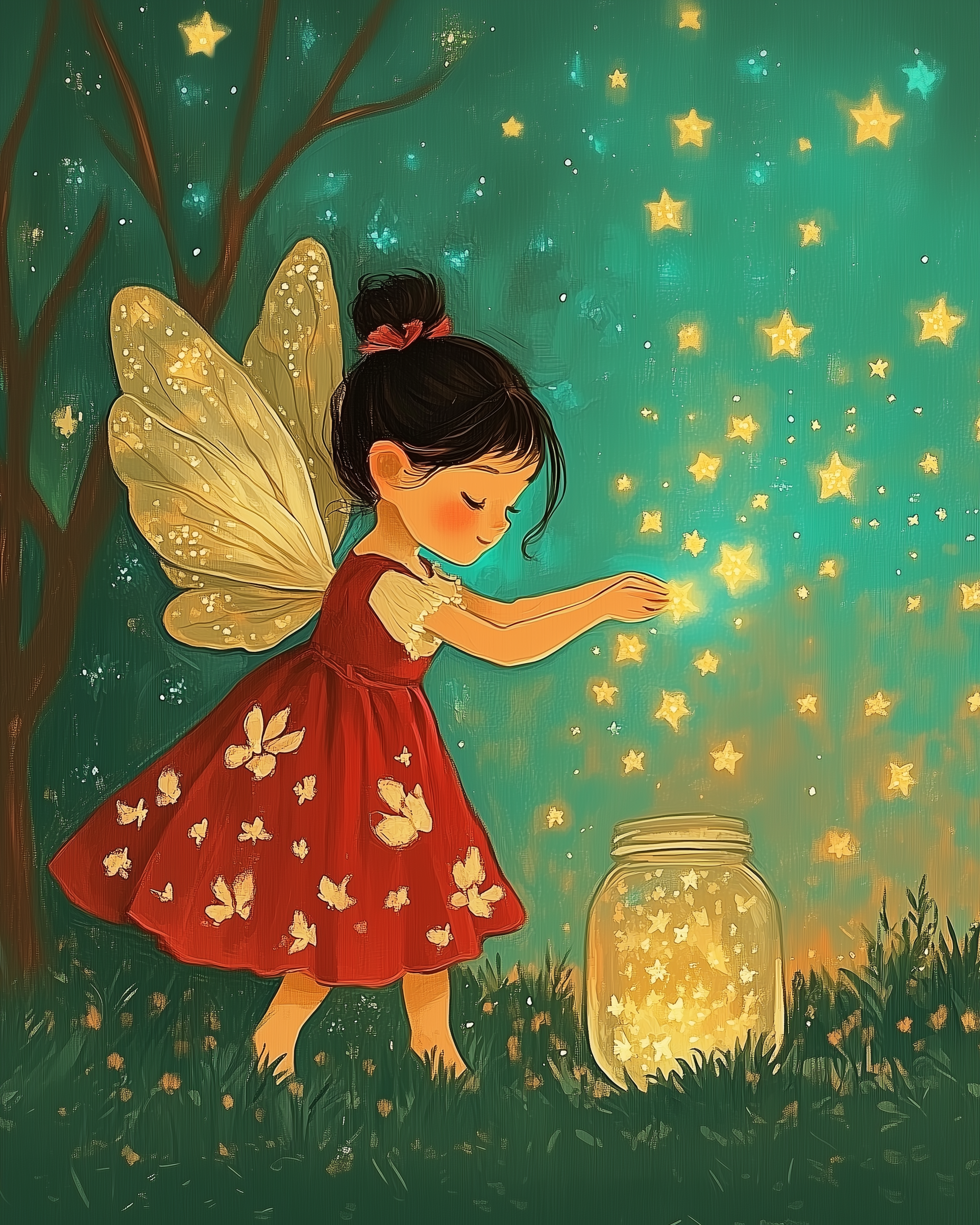 A fairy in a red dress with white flowers gently reaches into a glowing jar of stars, releasing golden lights into the night air as she stands on the grass.
