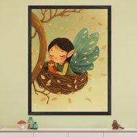 Kid's room with a large framed print hanging above a white dresser. The print is a whimsical illustration of a fairy-like girl with wings, nestled in a bird's nest with a small bird, surrounded by autumn leaves.
