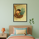 Kid's bedroom with a wooden headboard, bed with peach, teal, & yellow bedding, and a wooden nightstand with an orange lamp. A framed illustration of a fairy in a nest holding a bird, with falling leaves, hangs above the bed. Green leaf decor is on the wall.