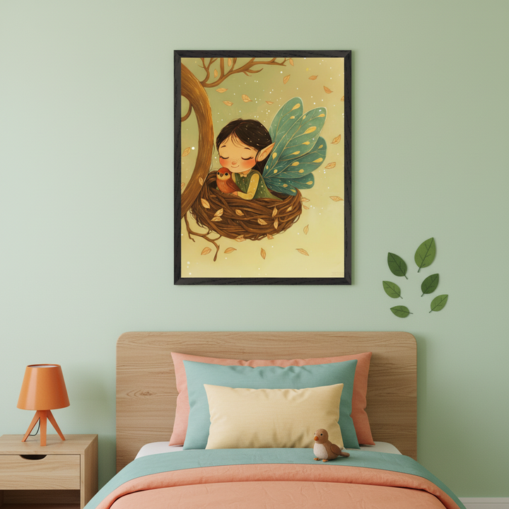 Kid's bedroom with a wooden headboard, bed with peach, teal, & yellow bedding, and a wooden nightstand with an orange lamp. A framed illustration of a fairy in a nest holding a bird, with falling leaves, hangs above the bed. Green leaf decor is on the wall.