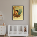 Modern nursery with a white crib, dresser, and green armchair. Above the crib, a framed illustration shows a fairy with teal wings cuddling an owl in a nest on a tree branch.