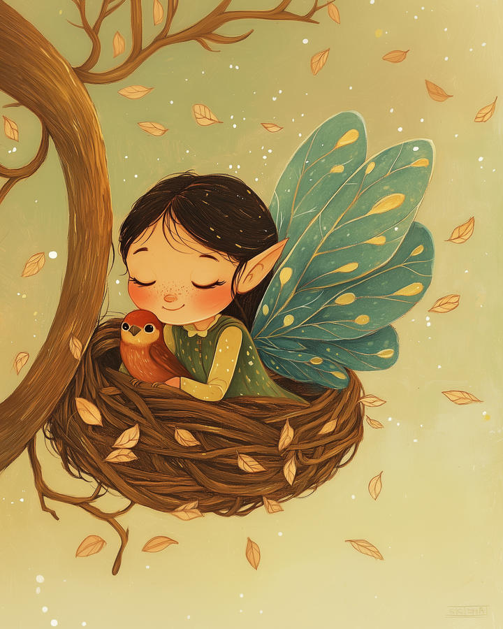 A fairy with teal wings smiles sweetly while cuddling a small brown bird inside a large woven nest, surrounded by floating autumn leaves.
