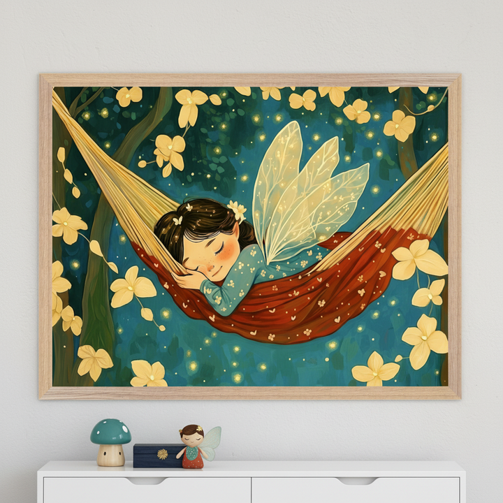 Child's room with a white dresser. A framed illustrated print of a sleeping fairy in a red hammock in a glowing forest hangs centered above the dresser. A mushroom and fairy figurine are on the dresser.