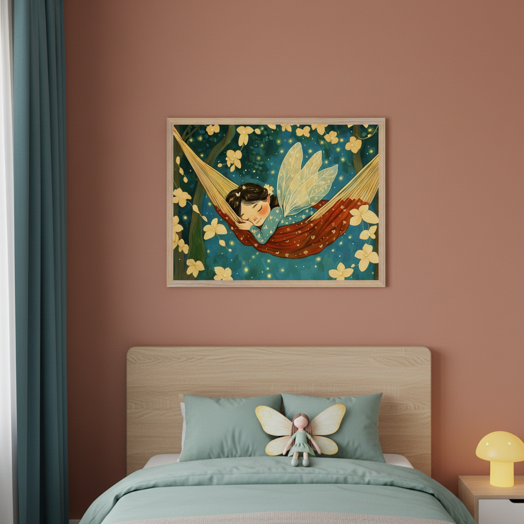 Kid's bedroom featuring a wooden bed with mint green bedding. Centered above the bed is a framed illustration of a sleeping fairy in a hammock, surrounded by yellow flowers and glowing lights against a dark blue background. A nightstand with a mushroom lamp is to the right. Teal curtains are on the left.