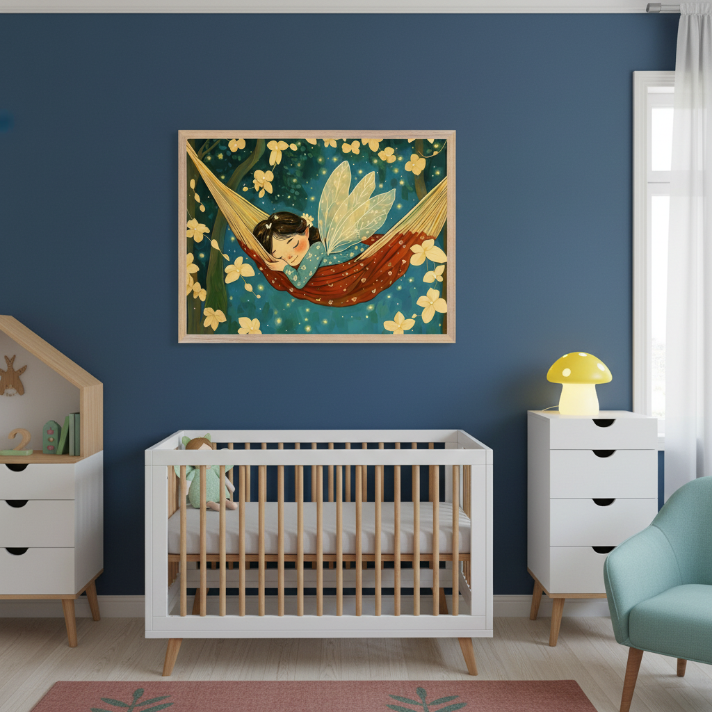 Modern nursery with a dark blue wall. A large framed illustration of a sleeping fairy in a hammock surrounded by glowing leaves hangs centered above a white wood crib. A house-shaped cabinet is left, a dresser with a mushroom lamp and an armchair are right.