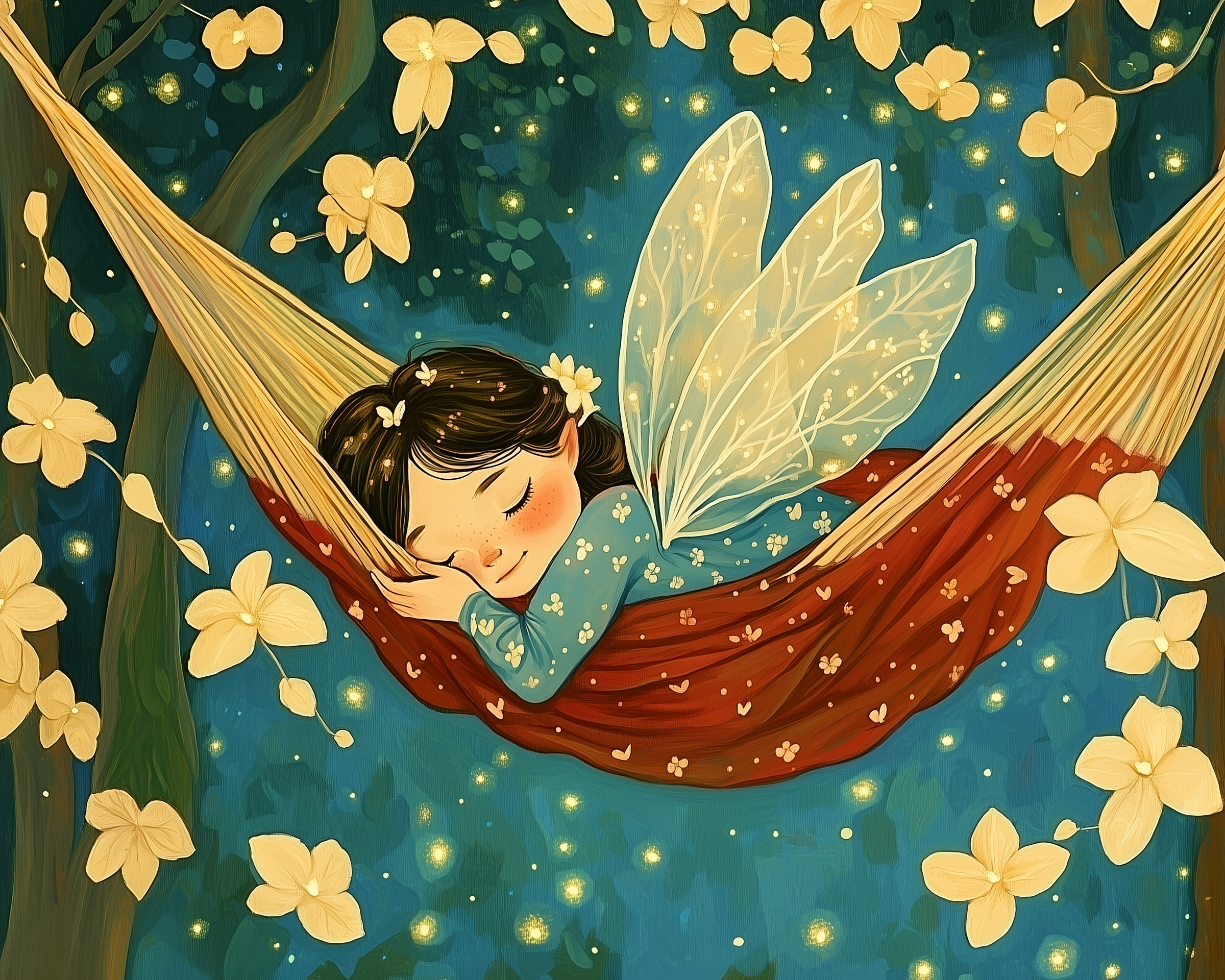 A fairy in a teal dress with glowing wings sleeps peacefully in a red and gold hammock, suspended between trees and surrounded by glowing flowers and fireflies.
