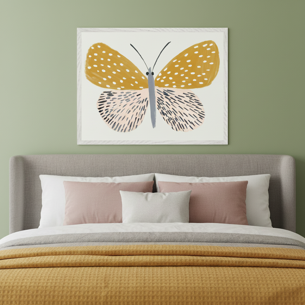 Modern bedroom with a gray fabric bed and sage green wall. Above the headboard hangs a large framed print of a stylized butterfly with yellow polka-dotted upper wings and lower wings with black and pinkish brushstrokes.