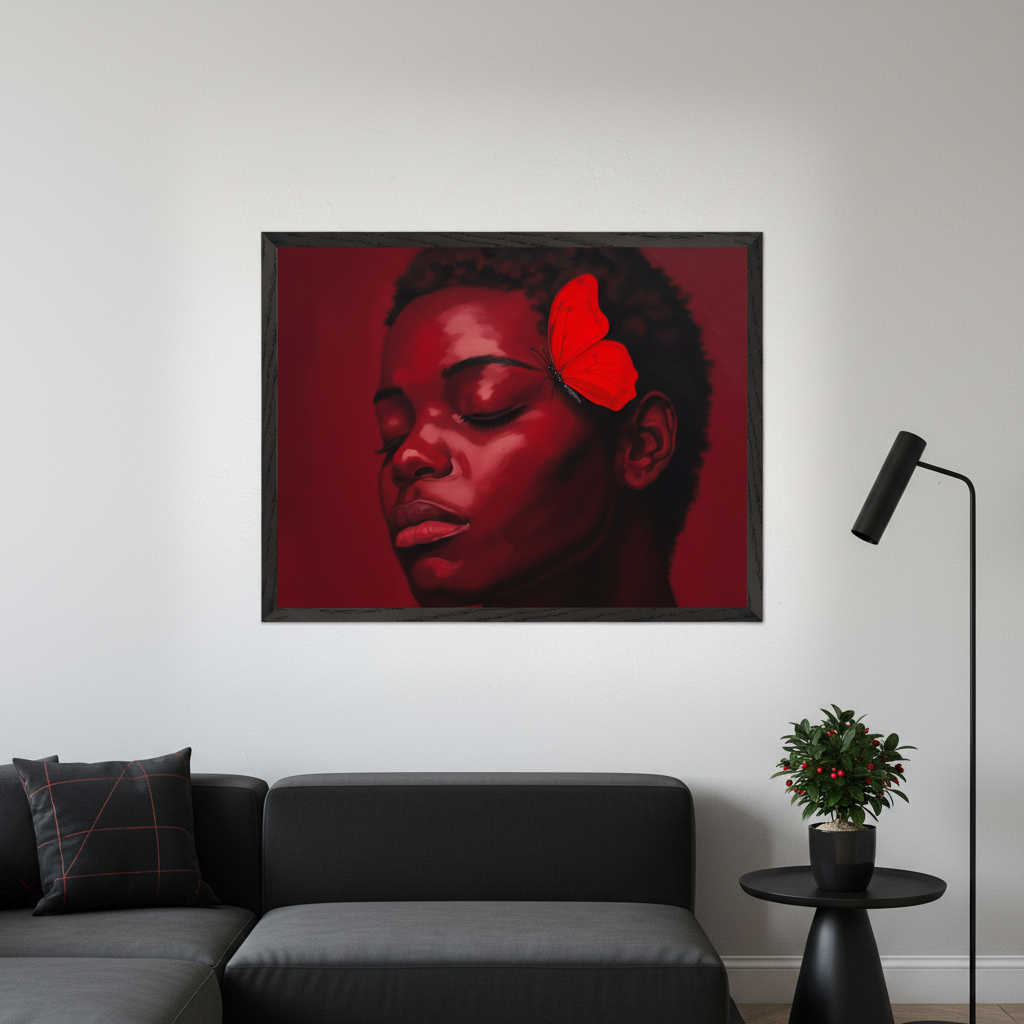 Modern living room with a dark gray sectional sofa, black side table, and floor lamp. A large framed painting of a person with dark skin, eyes closed, and a red butterfly on their temple, against a dark red background, hangs above the sofa.