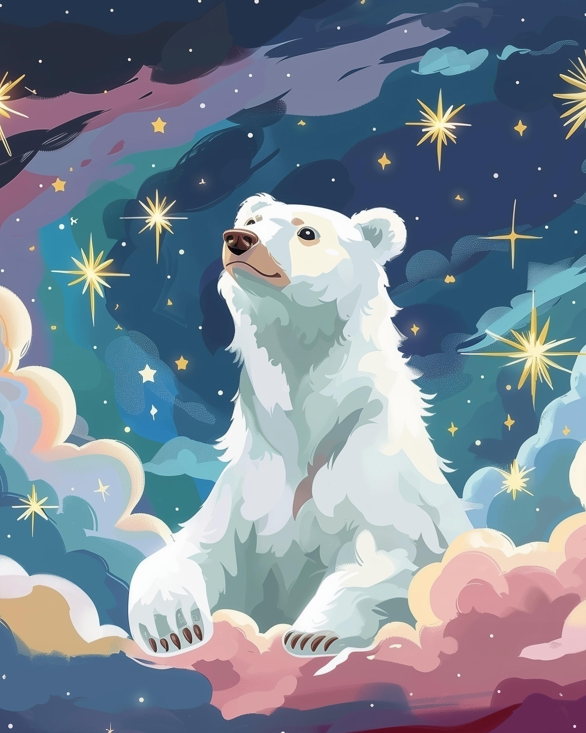 Majestic white polar bear sits upright on colorful clouds beneath a star-filled night sky, gazing upward as glowing stars and auroras swirl around. The dreamy scene blends cool blues and soft pastels, evoking a sense of wonder and calm.