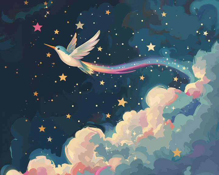 Magical hummingbird with glowing wings soars through a starry night sky, leaving a sparkling rainbow trail behind. Surrounded by golden stars and dreamy pastel clouds, the scene radiates wonder and enchantment.