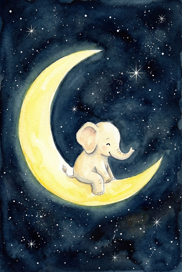 Whimsical wall art print of a smiling baby elephant sitting on a glowing yellow crescent moon against a deep navy sky filled with scattered stars. Soft watercolor textures and gentle light give the scene a dreamy bedtime story feel.

