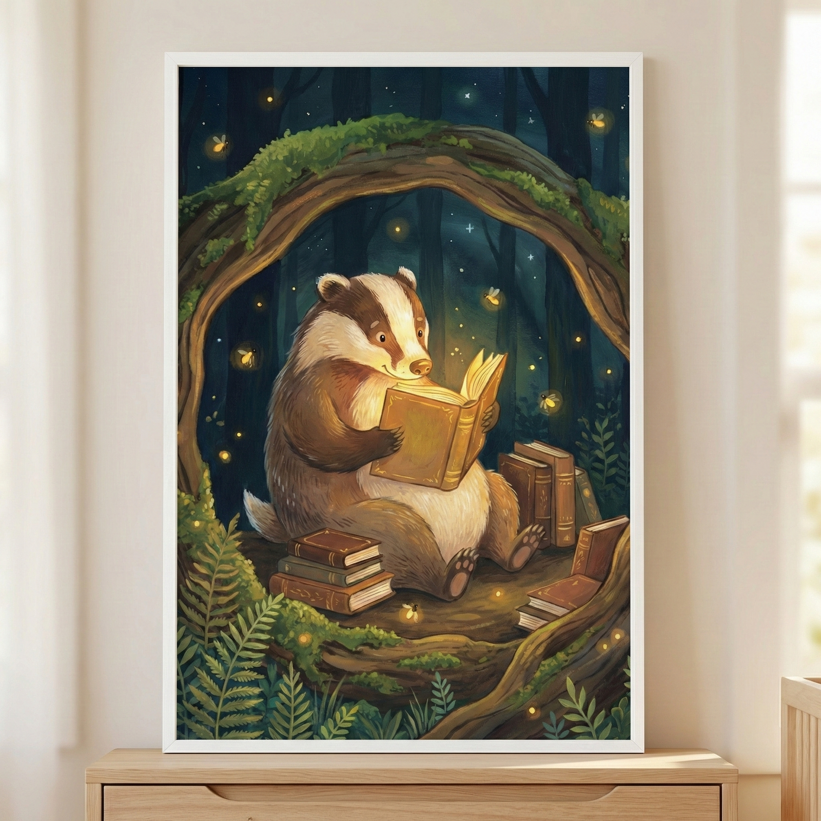 Framed wall art featuring a badger reading a glowing book surrounded by fireflies, presented in a white frame resting on a light wood dresser.