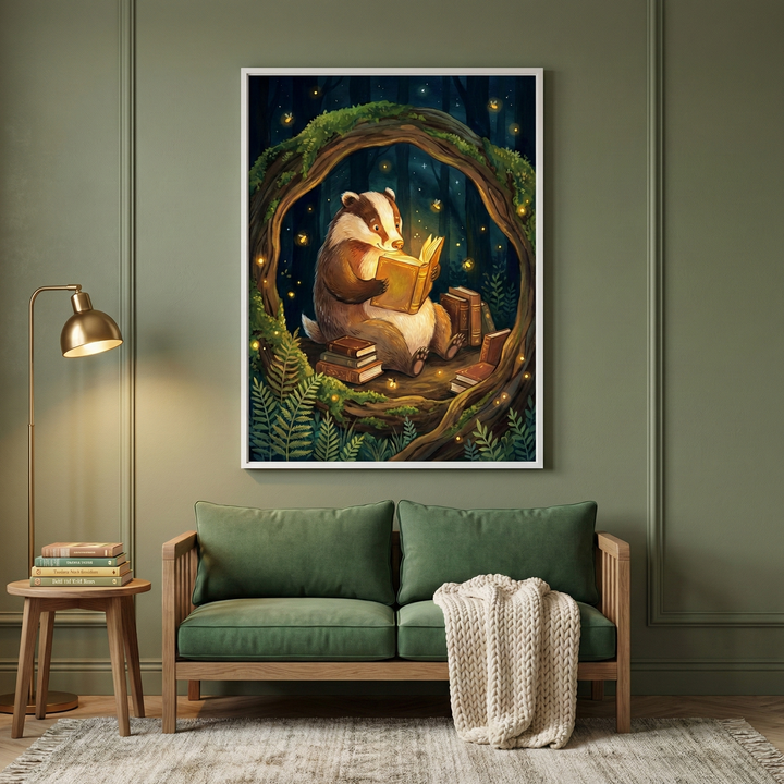 Whimsical badger reading a glowing book surrounded by fireflies wall art hanging above a light wood sofa in a cozy living room.