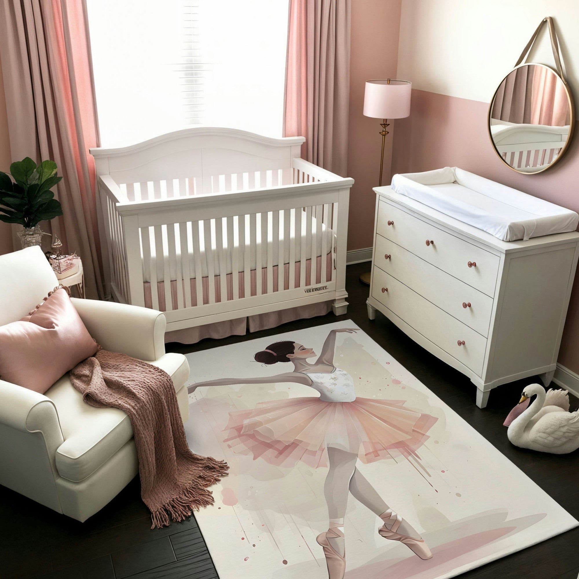 This image depicts a serene and elegant nursery with a soft pink and white theme. The room features a white crib, a matching dresser with pink knobs, and a cozy armchair draped with a pink knit throw. The centerpiece is a delicate ballerina illustration on a rug, adding a touch of grace and whimsy to the space. A plush swan decorates the floor, while pink curtains and gold accents complete the sophisticated design.