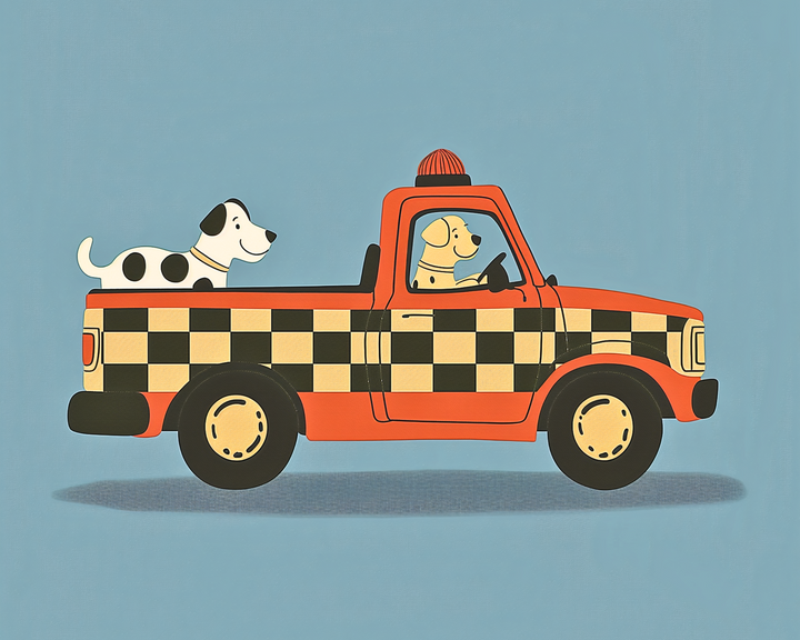 Cartoon image of a checkered yellow and orange pickup truck taxi being driven by a smiling yellow dog, with a spotted dog joyfully riding in the truck bed.
