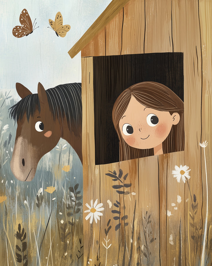  Sweet illustration of a girl and her horse peeking out of a wooden stable window, surrounded by flowers and two fluttering butterflies.
