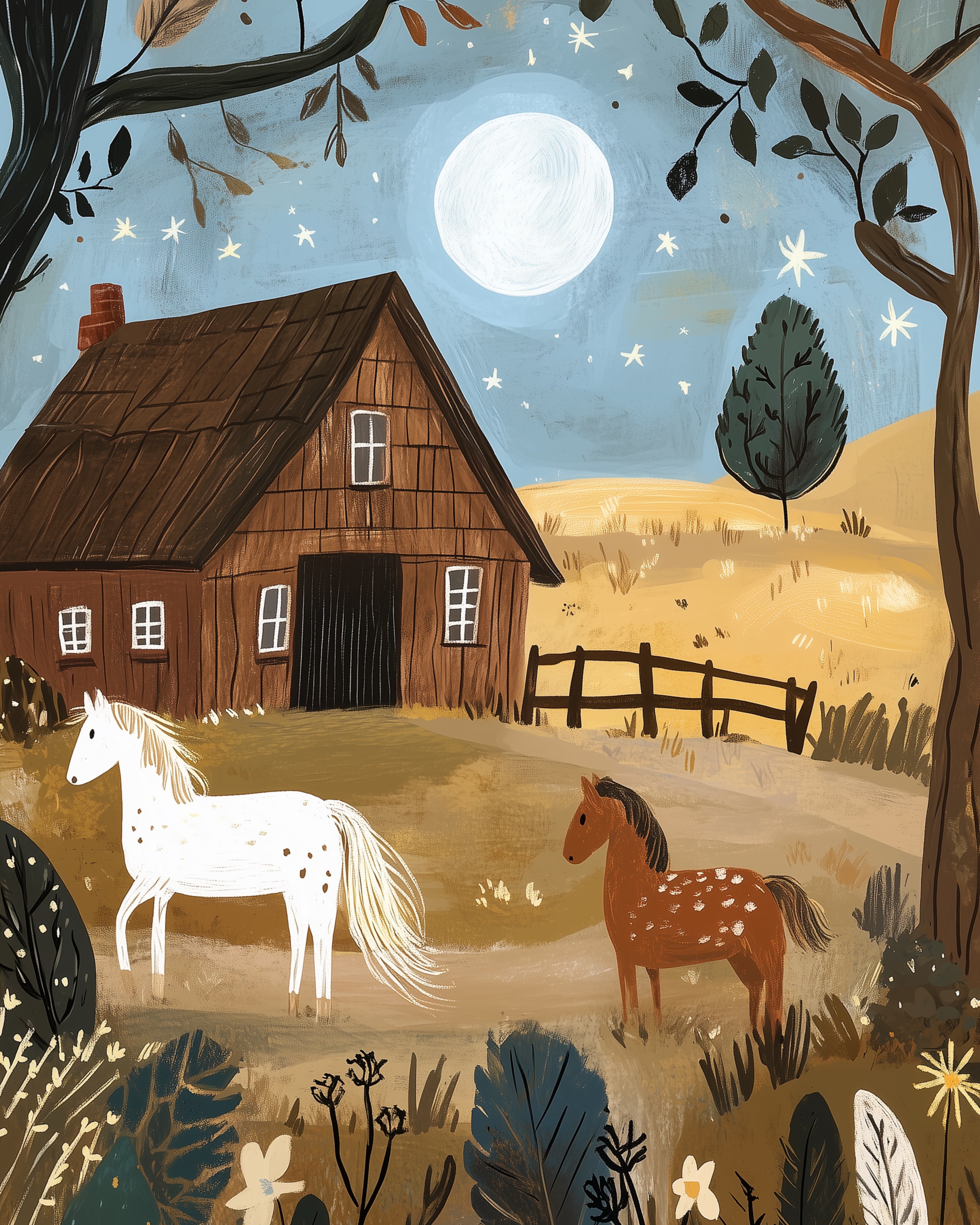 Moonlit Horses Wall Art for Nursery, Playroom or Kids Bedrooms - Barnyard Scene with Starry Sky and Country Charm - Barnlight Calm