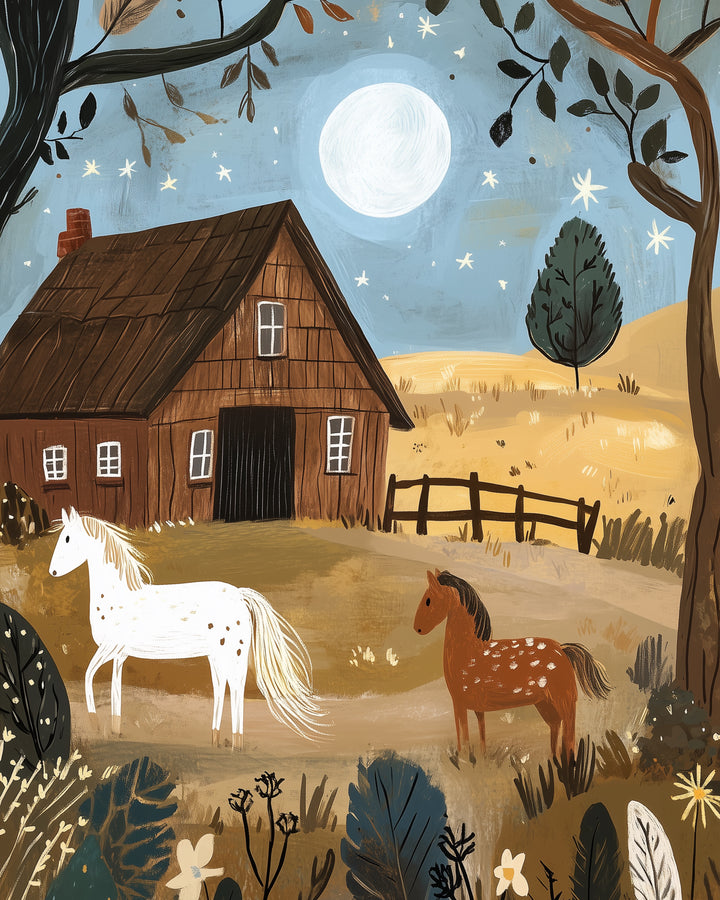 Cozy nighttime illustration of a wooden barn with a white and a brown horse standing nearby, surrounded by trees and fields under a glowing full moon and starry sky.