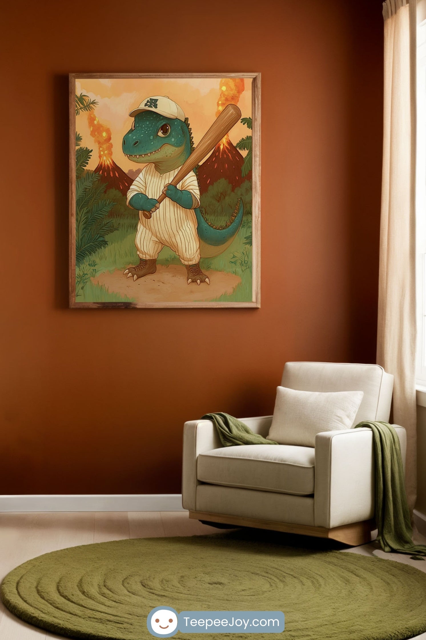 Dinosaur Baseball Player Wall Art for Nursery, Playroom or Kids Bedrooms - Prehistoric Sports Decor - Jurassic Swing