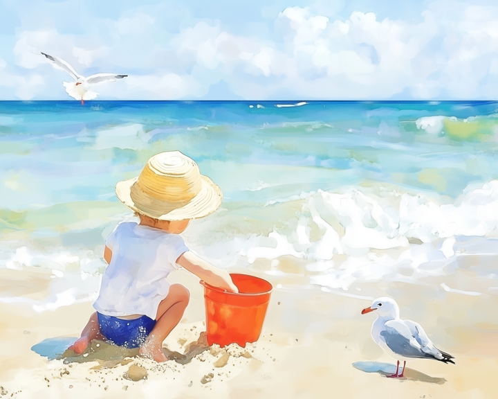A toddler wearing a straw hat and blue swim bottoms plays with a bright orange bucket in the sand near the shoreline. Gentle waves roll in under a sunny sky as a curious seagull stands nearby and another soars above the ocean.