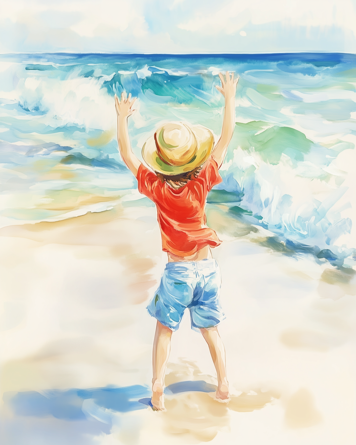 A young child in a straw hat, red shirt, and rolled-up denim shorts stands barefoot on the beach with arms raised toward the crashing waves. The sunlit ocean sparkles in shades of blue and green, capturing a moment of pure joy and wonder.