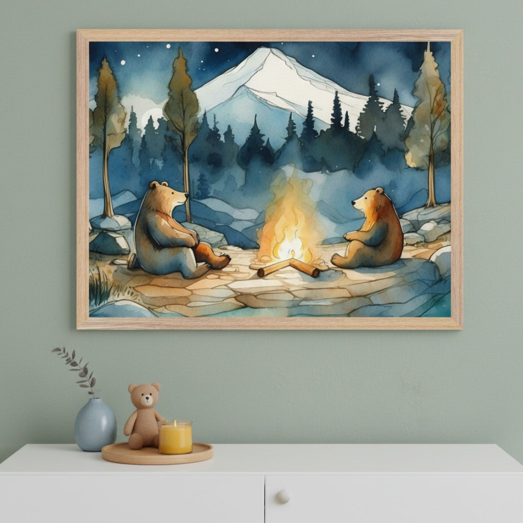 Framed artwork of two bears by a campfire with a mountain in the background, displayed on a wall.