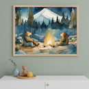 Framed artwork of two bears by a campfire with a mountain in the background, displayed on a wall.