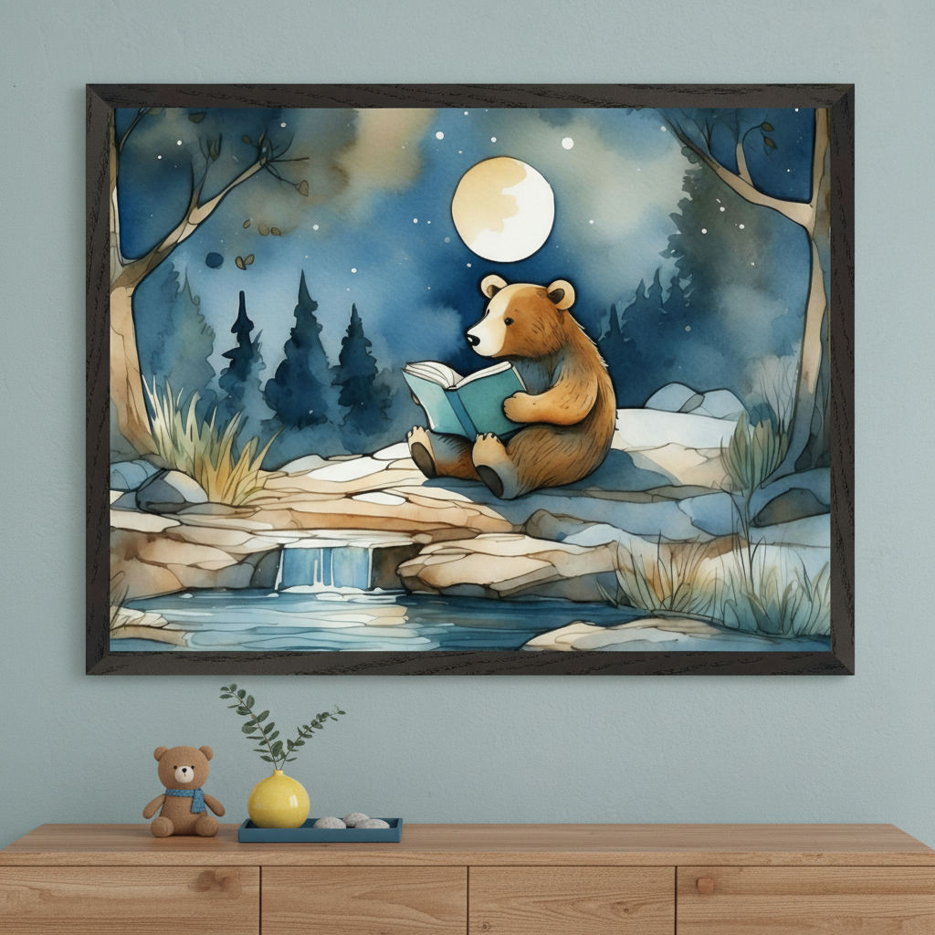 Modern room with a light blue-green wall and a wooden dresser. A large framed watercolor painting of a brown bear reading a book by a waterfall under a full moon in a starry forest hangs centered above the dresser. A teddy bear, yellow vase, and tray are on the dresser.