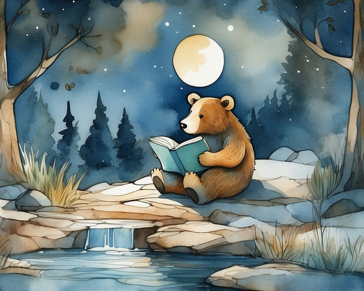 A whimsical illustration of a bear sitting by a small stream, reading a book under the moonlight. The bear is surrounded by trees and rocks, with a starry night sky in the background, creating a peaceful, enchanting scene.