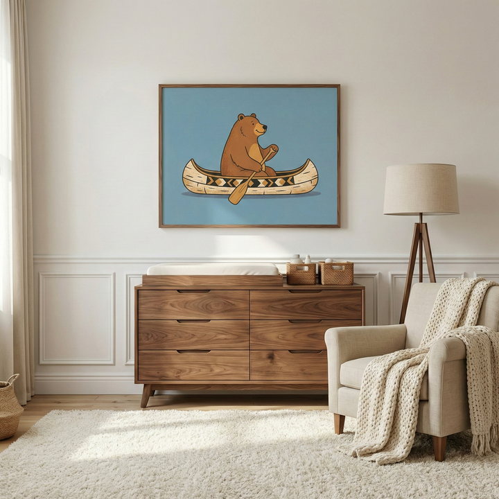 Whimsical bear woodland animal wall art hanging above a dark wood dresser in a cozy nursery.