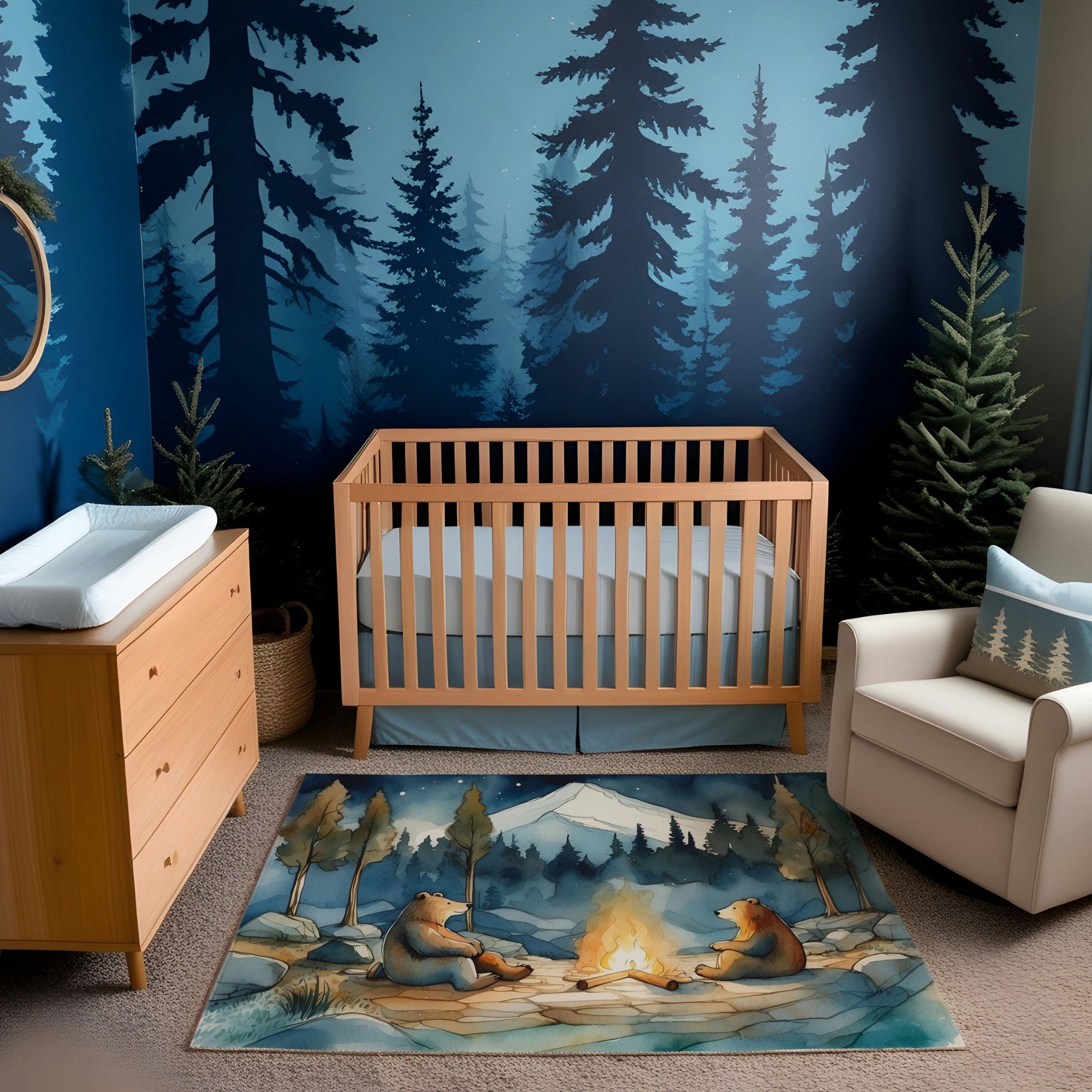 A cozy nursery featuring a nature-inspired theme, with a wooden crib, a matching changing table, and a plush armchair. The walls are adorned with a mural of a dense, twilight forest, while the floor showcases a colorful rug depicting two bears sitting by a campfire in a woodland setting. Small details, like a pillow with tree silhouettes and a potted evergreen, enhance the outdoorsy vibe.