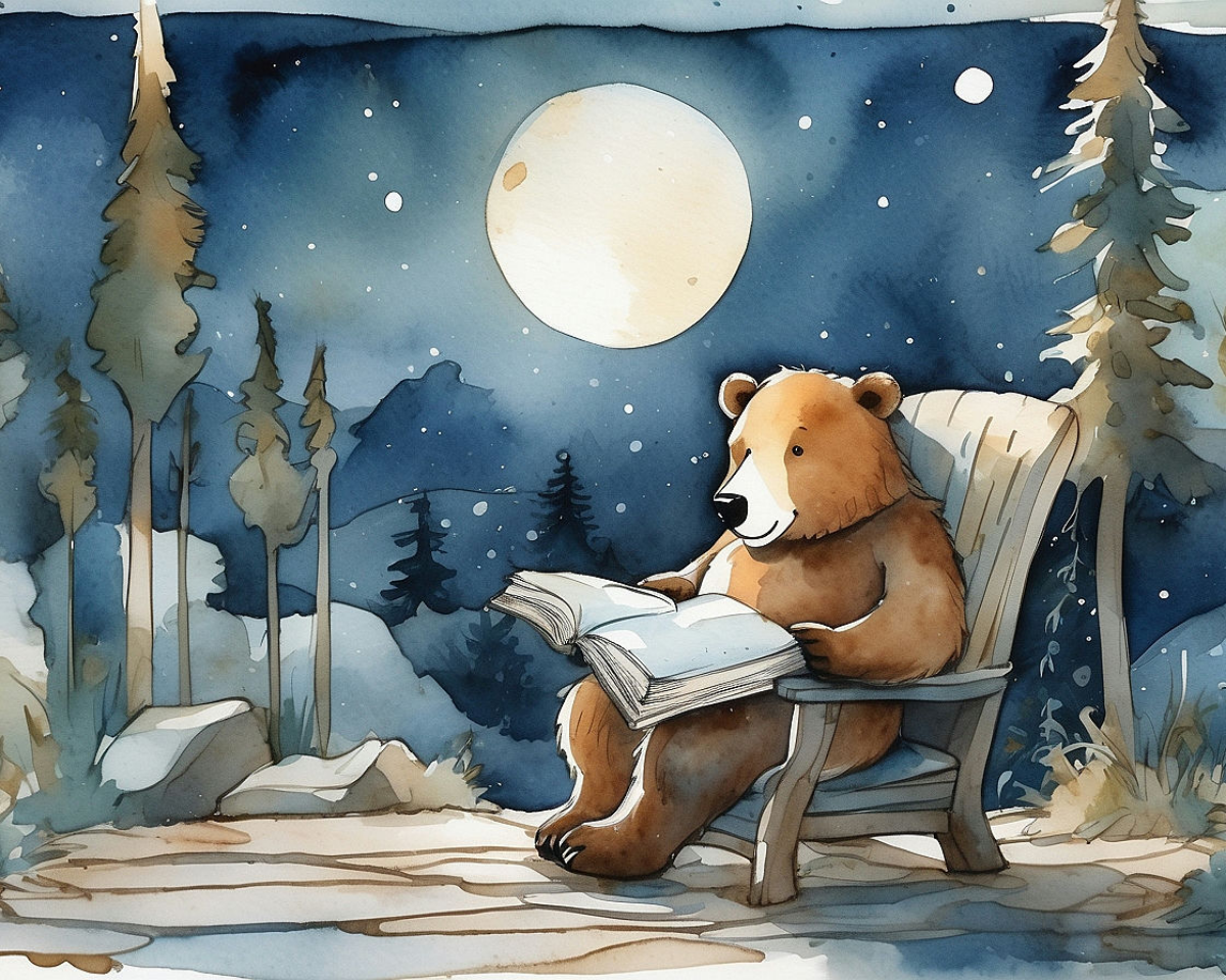 Midnight Tale Teller Bear Wall Art for Nursery, Playroom or Kids Bedrooms - Moonlit Storytime Decor - Bear’s Moonlit Tales