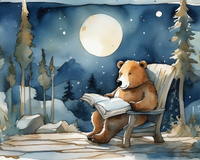A whimsical watercolor illustration depicts a bear sitting in a wooden chair, engrossed in reading a book under the full moon. Tall trees and a serene night sky filled with stars create a peaceful forest setting.