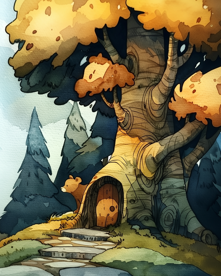 A whimsical treehouse with a rounded wooden door is built into the trunk of a massive tree with golden autumn leaves. A small bear peeks out from behind the tree, while a stone path winds up to the cozy forest home surrounded by tall pine trees.