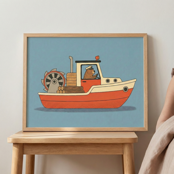 Framed wall art of a beaver captain on a boat, presented in a light wood frame resting on a matching wooden stool beside a bed.