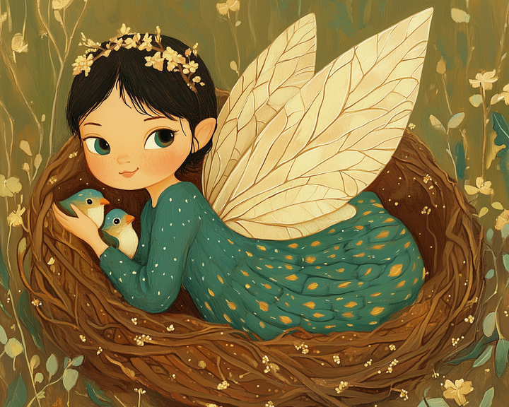Illustrated fairy child with large leaf-like wings and a crown of tiny flowers cuddles two bluebirds while lying inside a cozy, woven bird’s nest. The child wears a teal dress with golden specks, and the soft forest background is dotted with delicate, light-colored blossoms.