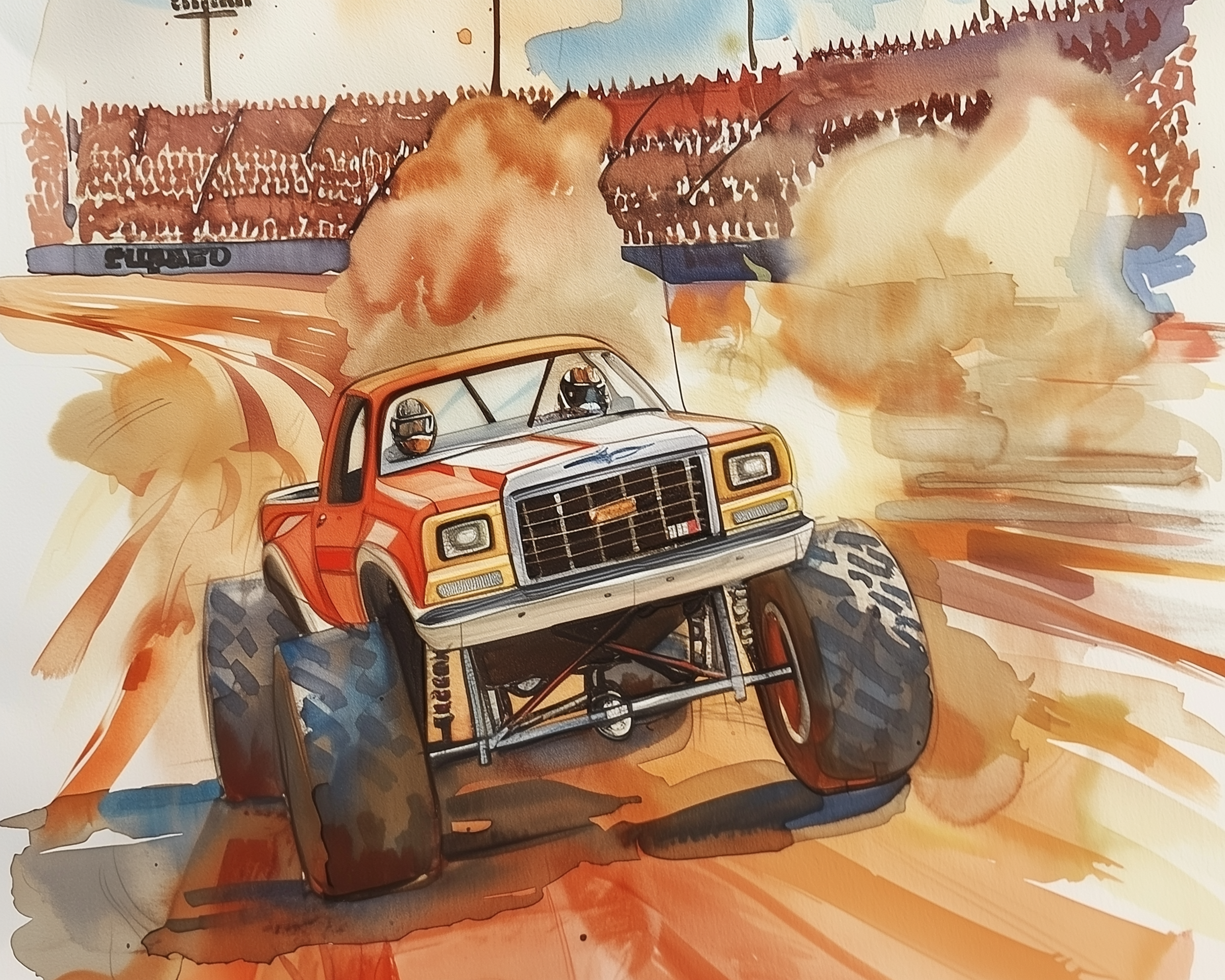 A red and white monster truck with oversized tires drifts around a dirt arena corner, kicking up clouds of dust as it races past a packed grandstand. Two helmeted drivers can be seen inside the cab, with dramatic motion lines and smoky effects highlighting the intensity of the performance.