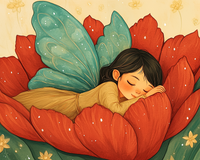 Illustrated fairy child with teal butterfly wings and a soft golden outfit sleeps peacefully nestled inside the red petals of a large flower. Light sparkles and pale floral patterns float around the dreamy, warm-toned background.