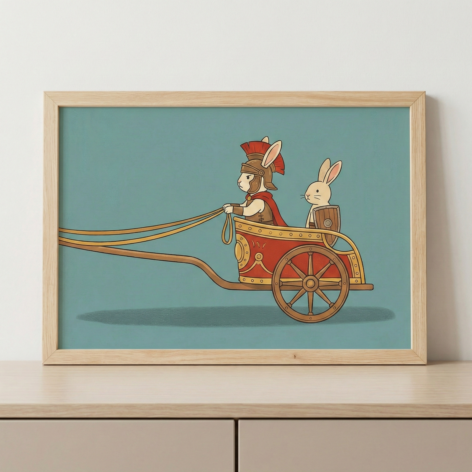 Framed bunny animal chariot wall art in a light wood frame resting on a wooden surface against a plain white wall.