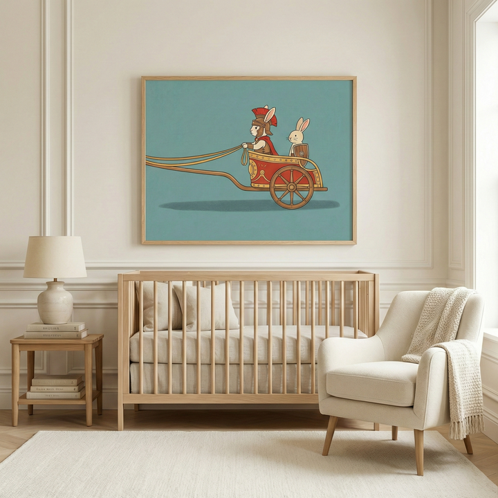 Whimsical and serene bunny animal chariot illustration wall art hanging above a light wood crib in a cozy nursery.