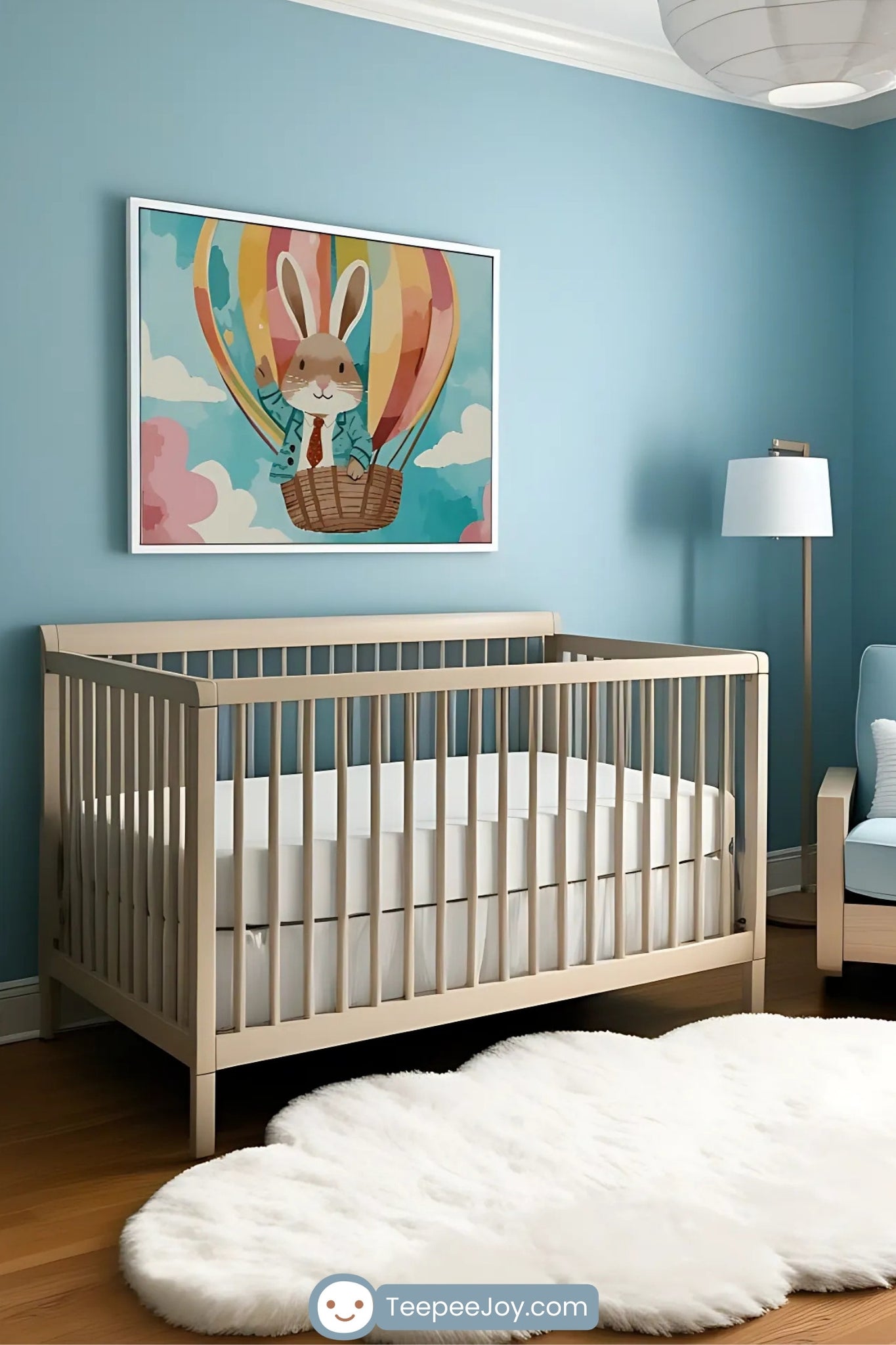 The nursery is adorned with a delightful print of a bunny in a teal suit and tie, waving from a vibrant hot air balloon. The artwork’s colorful palette complements the serene blue walls, while the soft cloud-shaped rug and minimalistic furniture add a cozy and whimsical touch to the room. The scene captures a sense of adventure and charm, perfect for a child’s space.