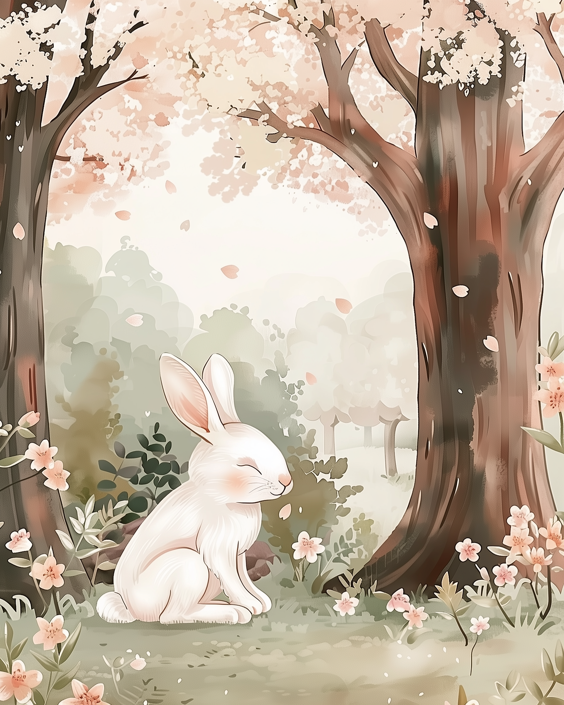 Spring Bunny Wall Art for Nursery, Playroom or Kids Bedrooms - Woodland Floral Decor in Soft Pastel Tones - Bunny Breeze