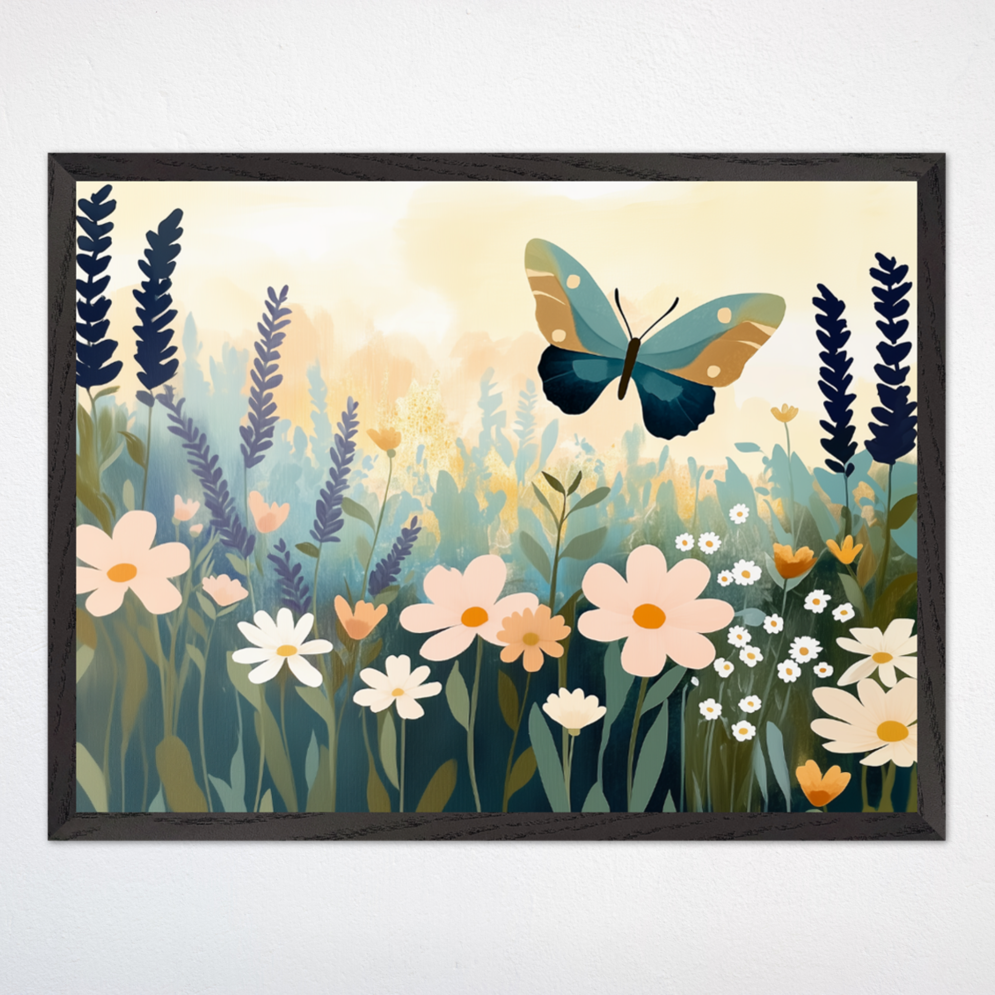 Vibrant, nature-inspired painting of a butterfly with blue, gold, and black wings soaring above a colorful wildflower field. The flowers, in soft peach, white, and golden hues, contrast beautifully with the deep green and navy blue foliage. The artwork, framed in black, has a dreamy, whimsical feel with a softly glowing background.