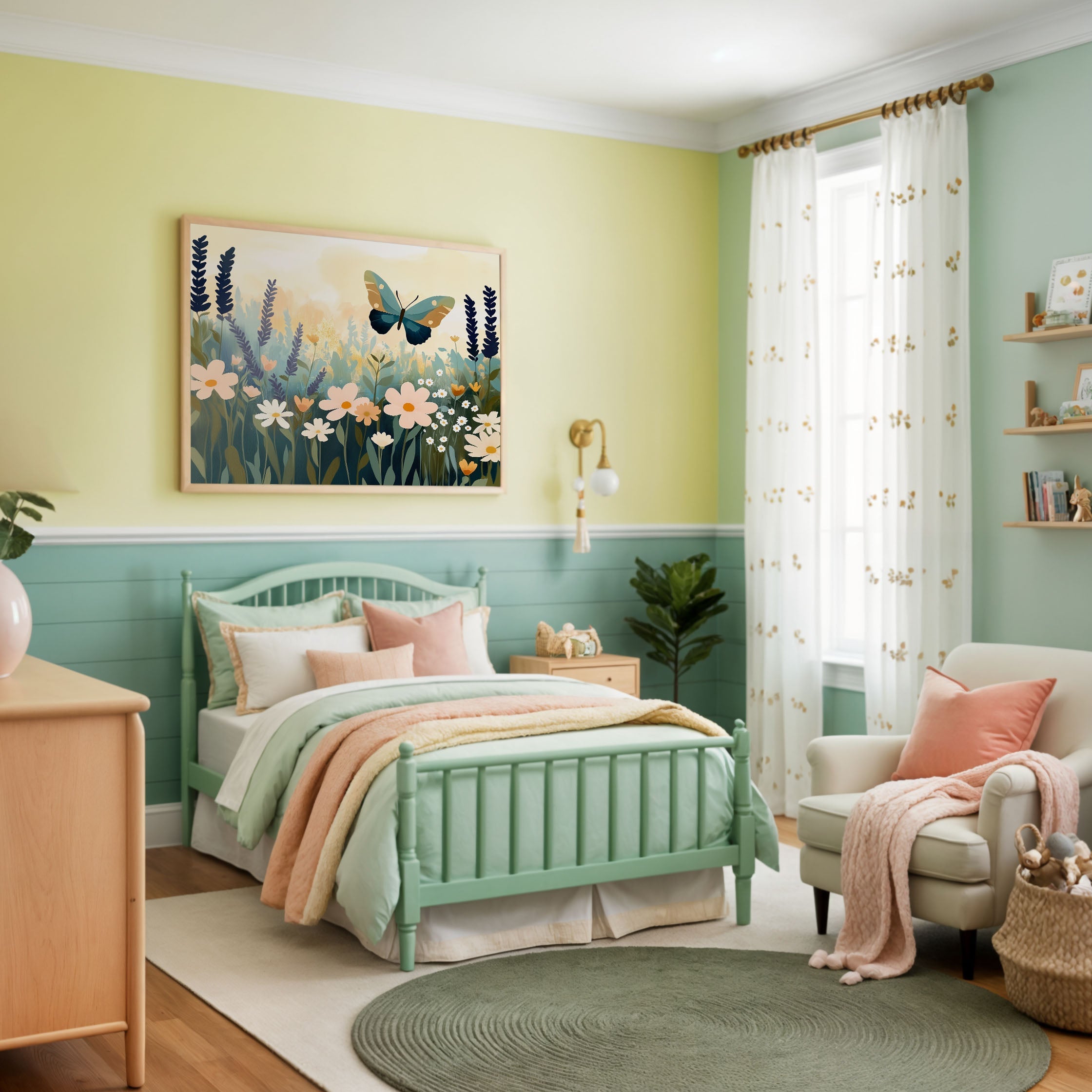 Beautifully designed bedroom with a soft nature-inspired palette, featuring a mint green bed with plush pastel bedding in peach, cream, and sage tones. Above the bed hangs a framed painting of a butterfly hovering over a vibrant wildflower field, complementing the room’s botanical theme. A cozy white armchair with textured pillows and a knit throw, natural wood furniture, and sheer floral-embroidered curtains enhance the warm and inviting atmosphere.