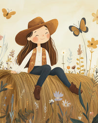 Happy girl in a cowboy hat and floral vest sits on a golden hay bale in a wildflower field, smiling as butterflies float around her.