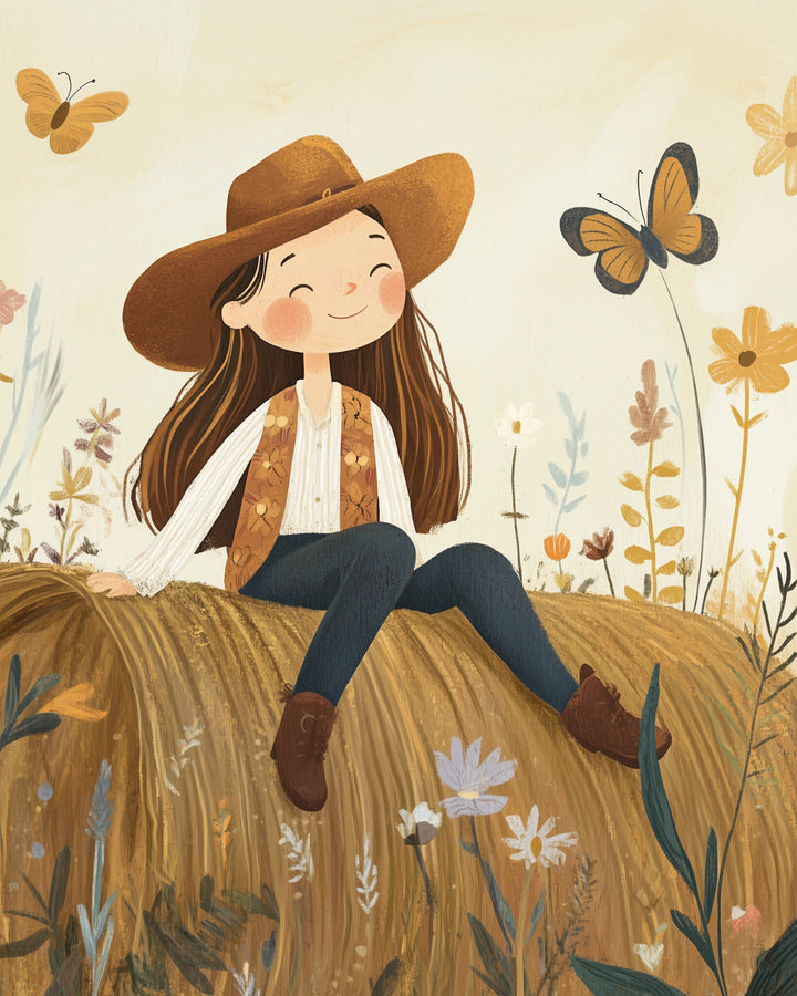 Happy girl in a cowboy hat and floral vest sits on a golden hay bale in a wildflower field, smiling as butterflies float around her.