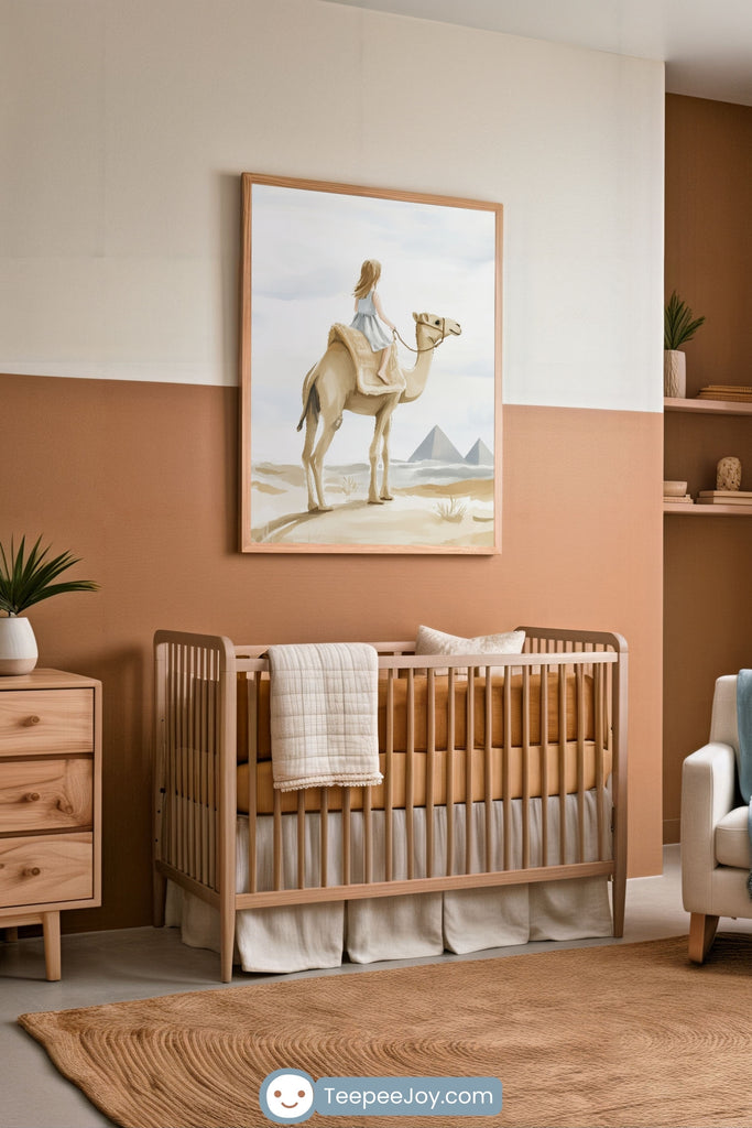 Warm, desert-toned nursery with a framed painting of a young girl riding a camel, gazing toward the pyramids in the background. The room features a wooden crib with burnt orange bedding, soft cream accents, and minimal decor that complements the earthy palette.