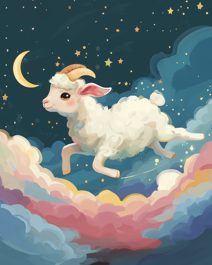 Playful white goat with curved tan horns leaps through colorful clouds under a starry night sky with a glowing crescent moon. The dreamy background features soft pink, blue, and yellow hues, creating a whimsical and magical bedtime scene.